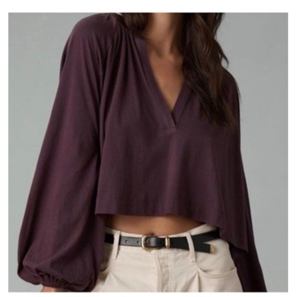 Maeve by Anthropologie Purple Cotton Balloon Sleeve Cropped V-Neck Blouse Large